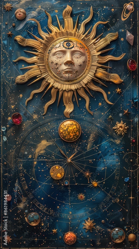 Celestial sun with celestial symbols on a blue background, divination concept Celestial sun with celestial symbols on a blue background, divination concept