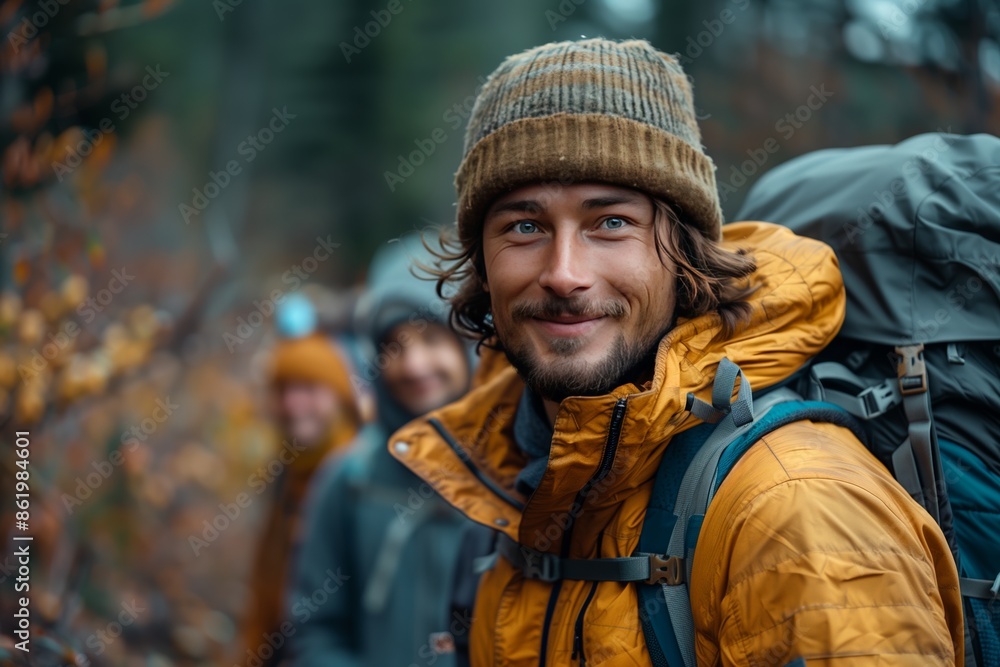 Smiling Man Hiking in Autumn Forest With Backpack Smiling Man Hiking in Autumn Forest With Backpack