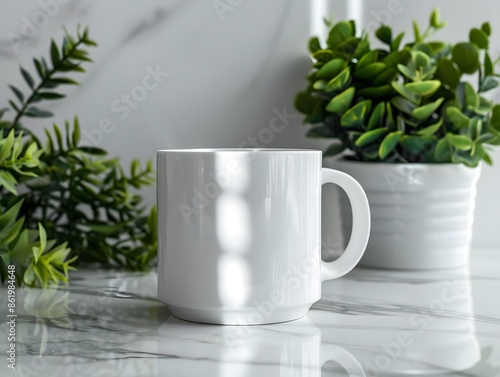 Blank white coffee mug mockup on marble surface with green plants © Sri