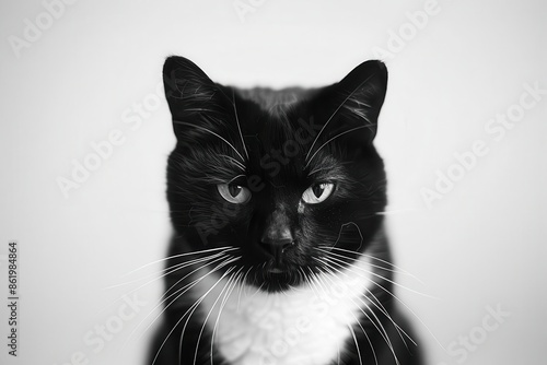 elegant black and white cat portrait piercing gaze minimalist white background negative space for text studio photography