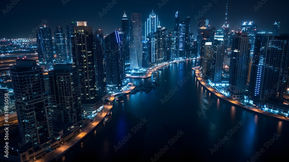 1. Create a stunning aerial view of the Dubai Marina skyline at night, with its iconic twisting Cayan Tower and shimmering lights reflecting on the waters of the Persian Gulf, showcasing Dubai's 1. Create a stunning aerial view of the Dubai Marina skyline at night, with its iconic twisting Cayan Tower and shimmering lights reflecting on the waters of the Persian Gulf, showcasing Dubai's