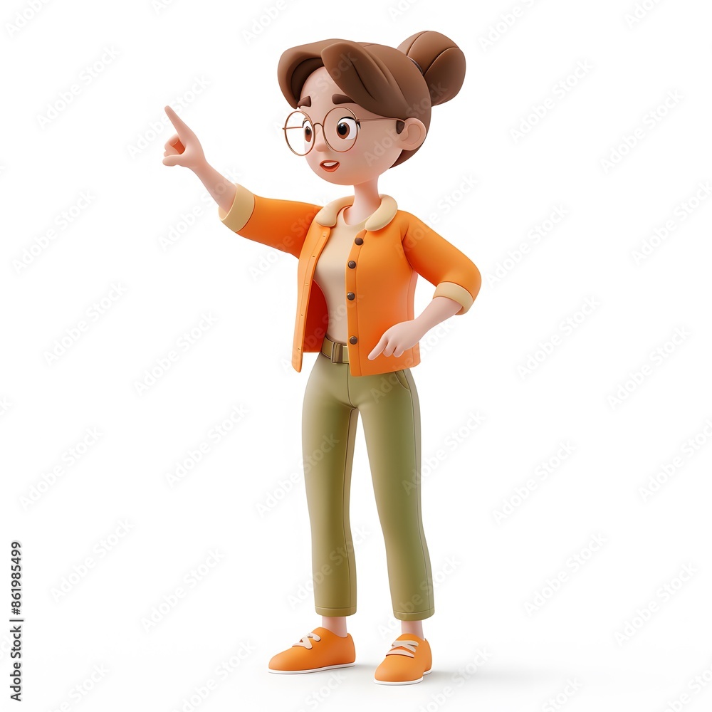 Happy 3D Woman Points Finger in Cartoon Style Happy 3D Woman Points Finger in Cartoon Style