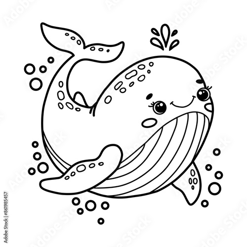 Cute cartoon whale with bubbles. Children's coloring book. Black and white outline vector Illustration 