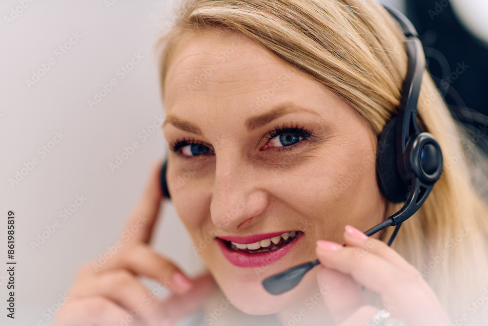 Friendly Call Center Agent Answering Incoming Calls with Headset Providing Remote Customer Service. Friendly Call Center Agent Answering Incoming Calls with Headset Providing Remote Customer Service.