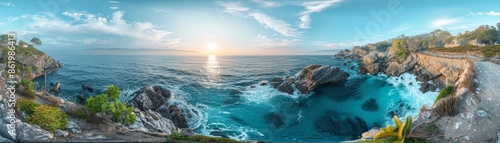 Panoramic view of a stunning rocky coastline with turquoise water and a beautiful sunset sky, perfect for travel and nature themes. © ngstock