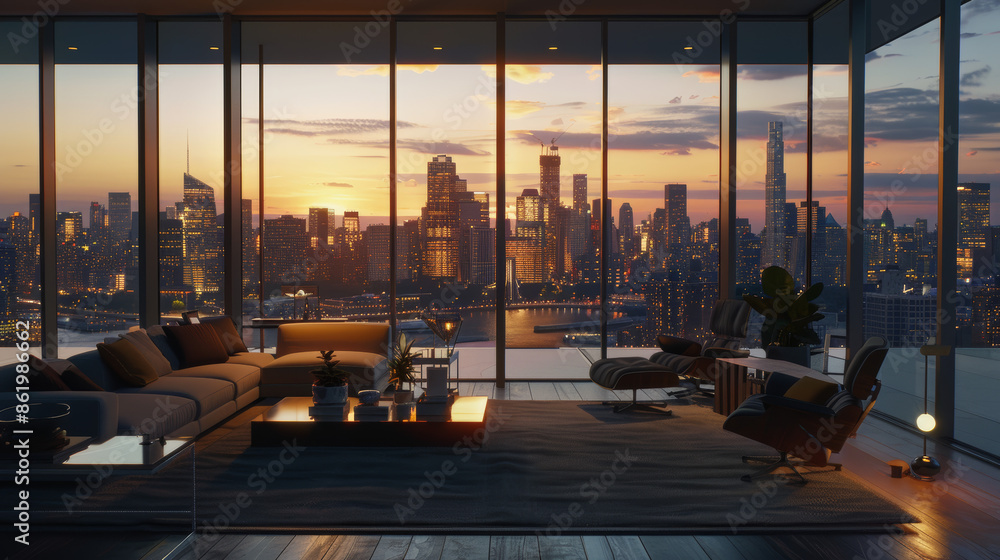 Experience twilight in a luxurious apartment, with impeccably styled furniture and decor. Experience twilight in a luxurious apartment, with impeccably styled furniture and decor.