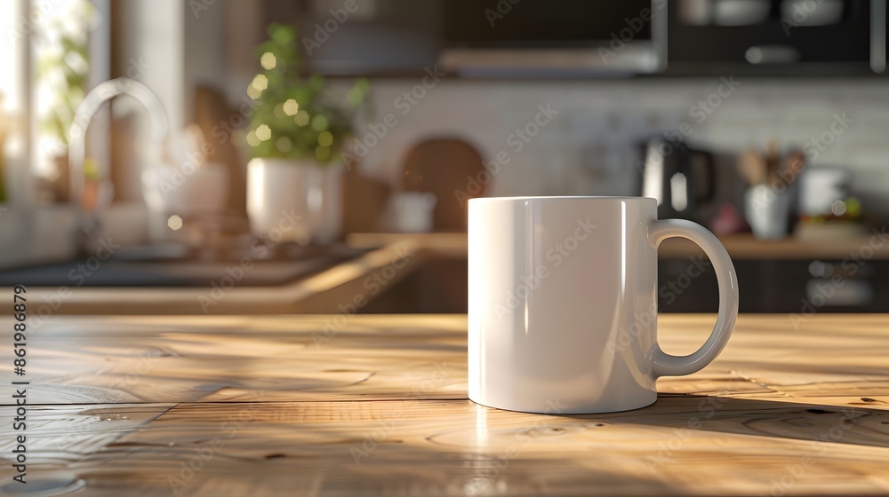 White ceramic mug with wooden kitchen counter and blurry kitchen background. Empty mug mockup for branding and advertising. White ceramic mug with wooden kitchen counter and blurry kitchen background. Empty mug mockup for branding and advertising.
