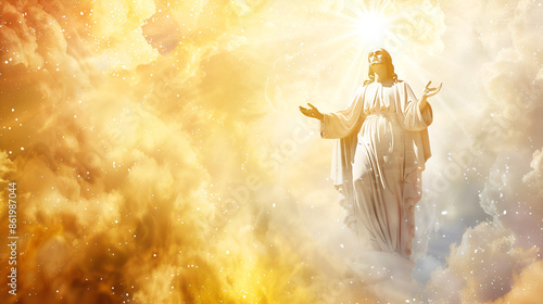 Dios resucitado saliendo de entre las nubes con espacio para copiar fondo religioso catolico 