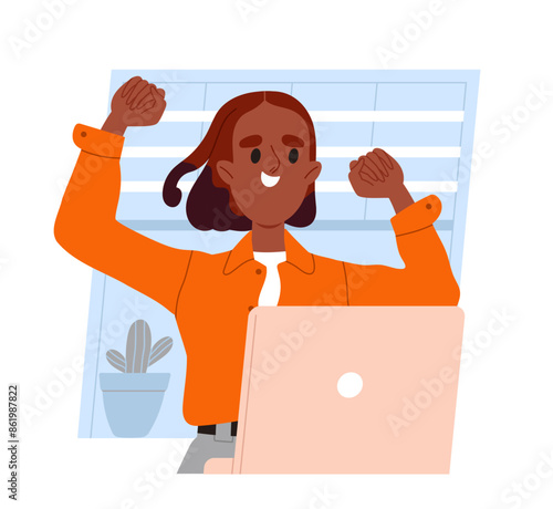 Business person working on laptop. Happy woman celebrate success. Freelacer and remote worker. Graphic element of website. Cartoon flat vector illustration isolated on white background
