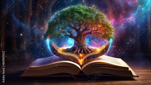 Tree of life coming from the opened book, with cosmic portal and universe behind, horizontal fantasy background	