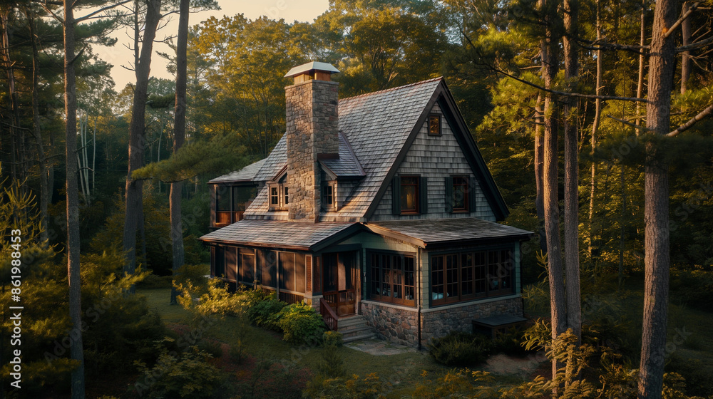 A cape style home with a field stone chimney in a dense forrest A cape style home with a field stone chimney in a dense forrest