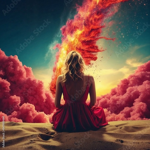 Beautiful woung woman sitting on the sand with pink cosmic background photo