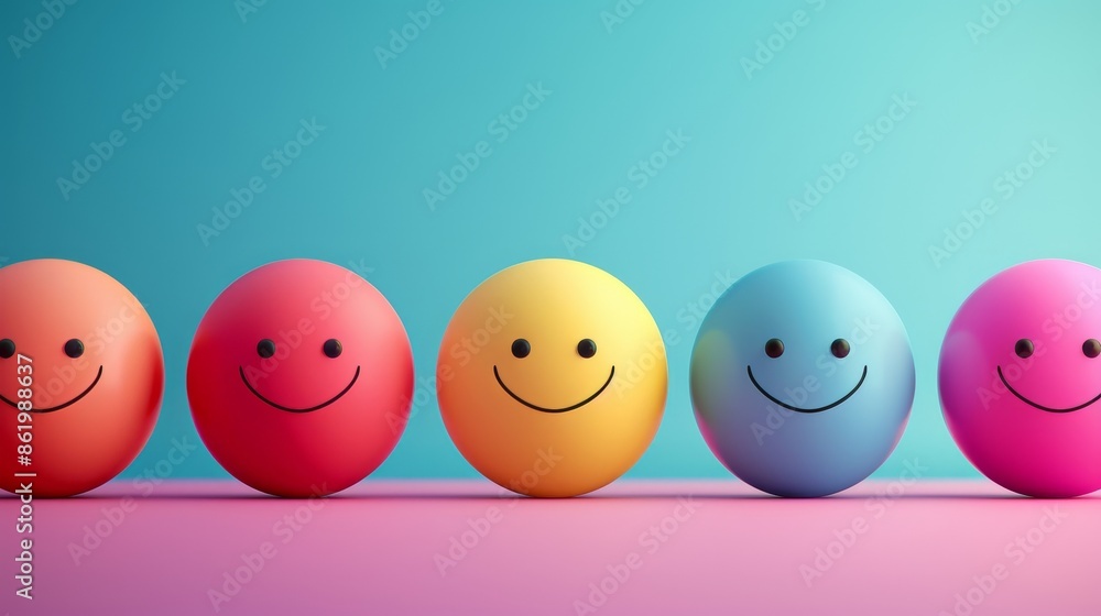 A row of colorful smiling balls on a blue background A row of colorful smiling balls on a blue background