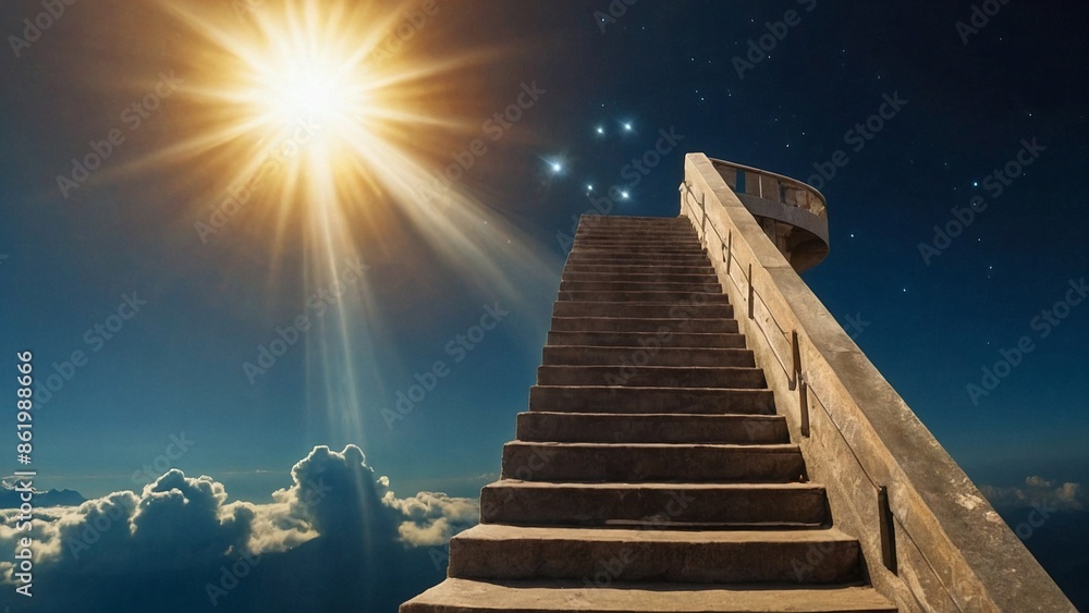 Fototapeta premium Amazing view with stairs to realm of Gods, fantasy scene with bright shining light and beautiful cloudscape