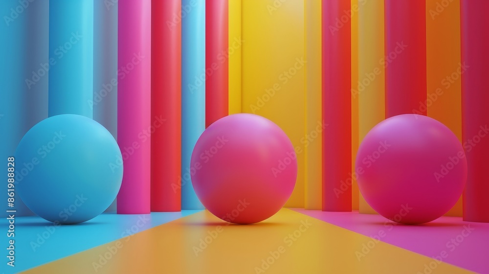 Three colorful balls are placed in a row, with one of them being pink Three colorful balls are placed in a row, with one of them being pink