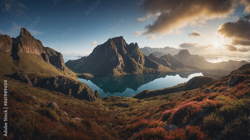 Obraz premium Beautiful landscape with mountains and water