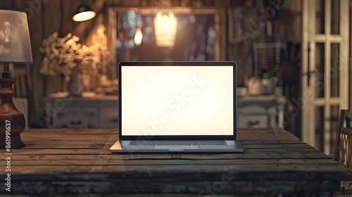 Blank Laptop Screen Mockup on Rustic Wooden Desk.  Perfect for showcasing your website, design, or app. © Sri