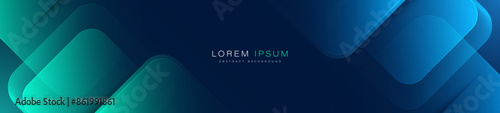 Abstract blue horizontal banner background with glowing blue and green geometric square shapes. Modern graphic design. Suit for header, cover, presentation, business, corporate, website