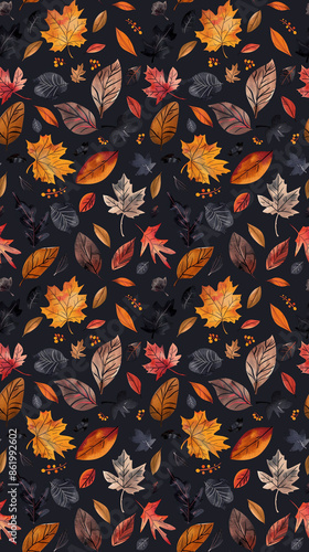 seamless repeatable autumn leave pattern, orange red and yellow dried leaf tile © amavcoffee