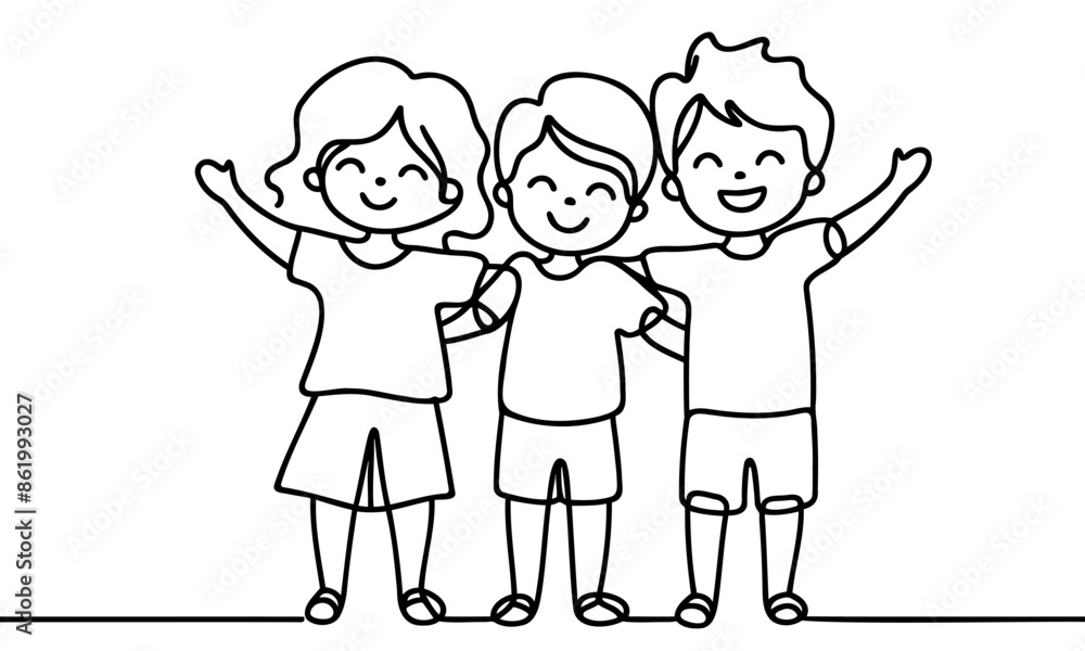 little kid hug best friend and feel happy Continuous one line drawing little kid hug best friend and feel happy Continuous one line drawing