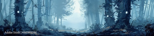 Dark Forest Path Illuminated By Glowing Lanterns On Foggy Night