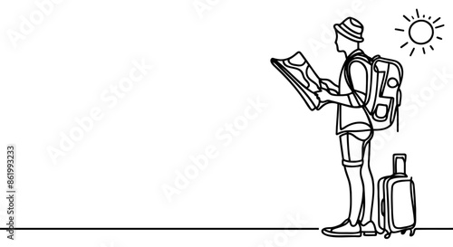 Single one line drawing. Hiker or traveler looking at a map. Adventure in mountainous terrain. Hiking, adventure tourism, travel. Vector illustration
