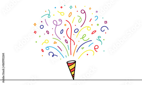 confetti party popper icon, fireworks background, flat design. Firecracker for the holiday. Continuous one line drawing