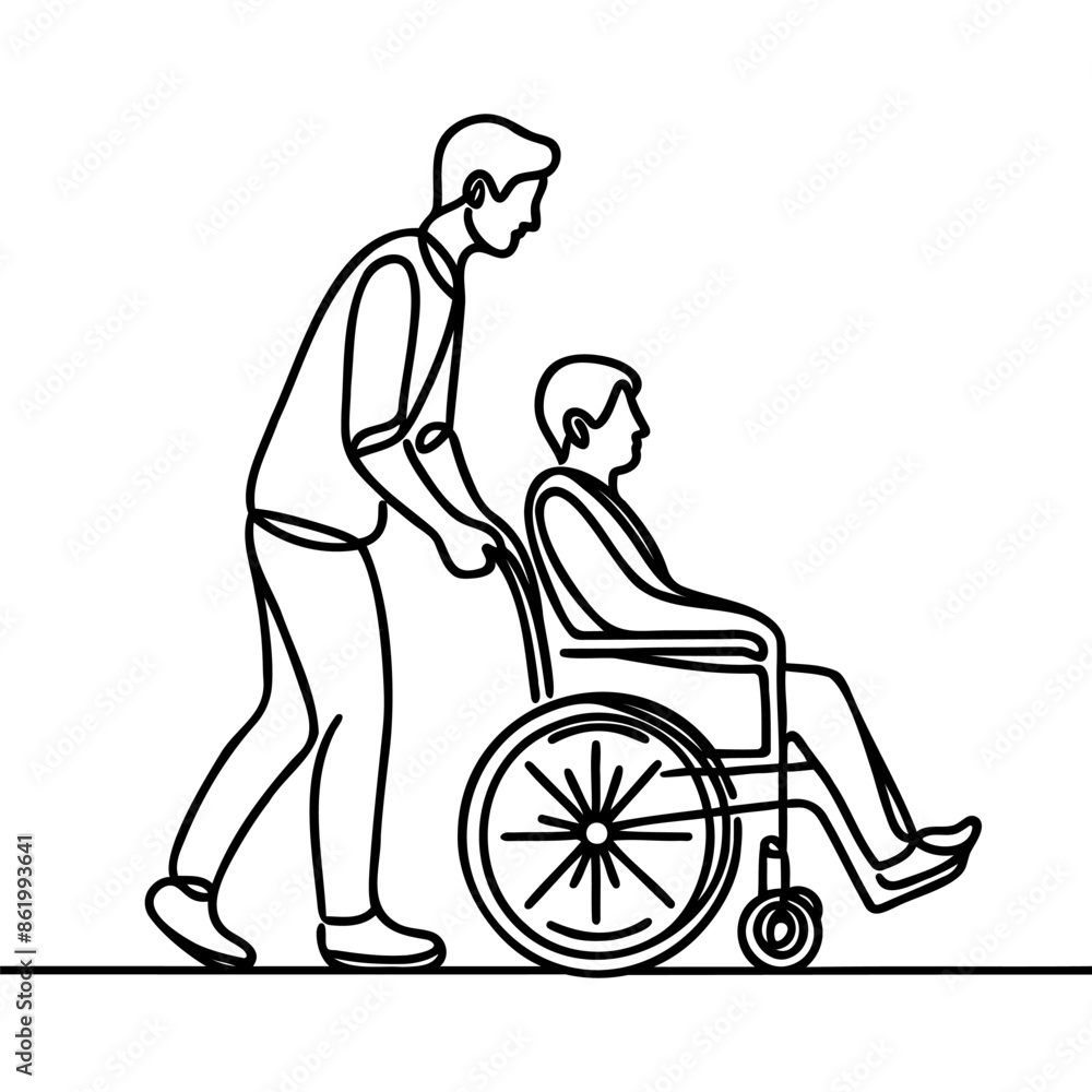 Man carries a patient in a wheelchair continuous one line vector drawing. Caregiver carry Wheelchair with a man. People medical Long Term Care Concept. Minimalistic Vector Illustration Man carries a patient in a wheelchair continuous one line vector drawing. Caregiver carry Wheelchair with a man. People medical Long Term Care Concept. Minimalistic Vector Illustration