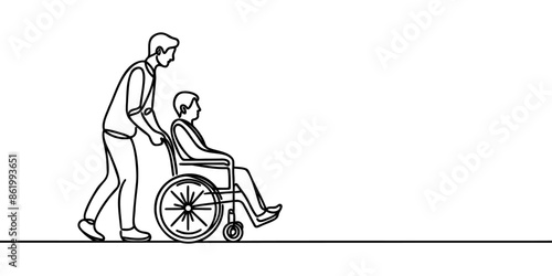 Man carries a patient in a wheelchair continuous one line vector drawing. Caregiver carry Wheelchair with a man. People medical Long Term Care Concept. Minimalistic Vector Illustration