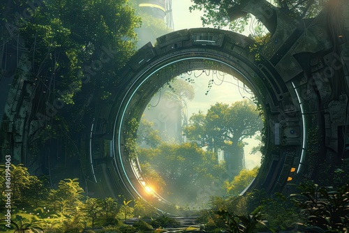 otherworldly alien portal pulsing with energy in lush overgrown landscape futuristic architecture blends with wild nature creating surreal scifi scene photo