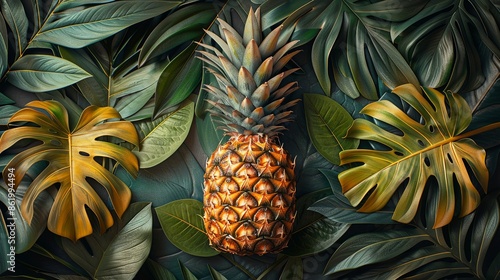 Exotic pineapple illustration with tropical leaves, perfect for summer and tropical themes, featuring a ripe pineapple surrounded by lush tropical leaves and a sunny backdrop. Illustration, photo
