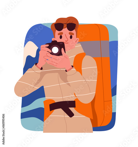 Man copes with stress. Guy with camera take shoot. Awareness and mindfulness. Care about mental health. Graphic element for website. Cartoon flat vector illustration isolated on white background