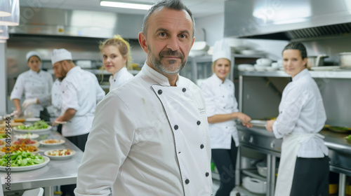 A chef stands in front of a group of other chefs in a kitchen