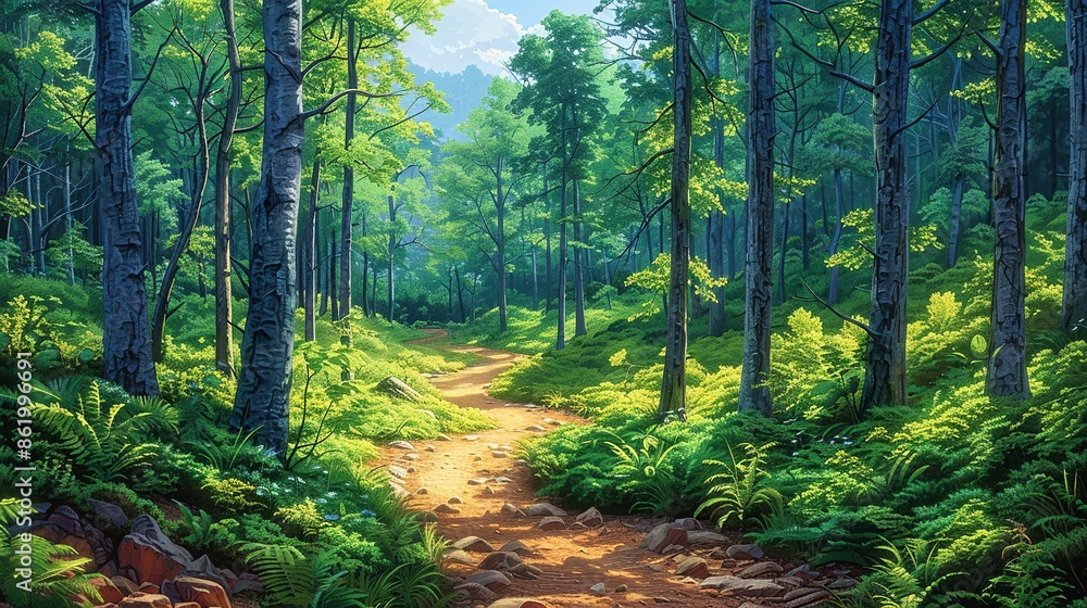 Picturesque trail through the forest illustration, perfect for outdoor and hiking themes, showcasing a scenic trail winding through a lush forest with tall trees and vibrant foliage. Illustration,