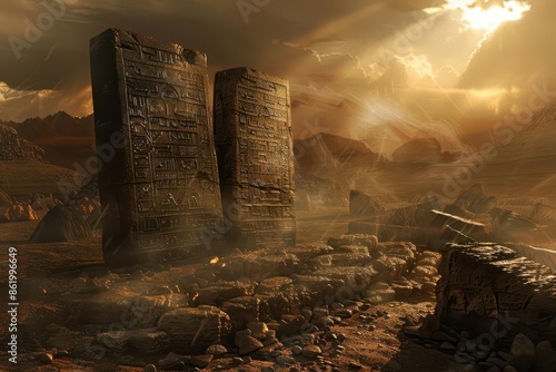 striking 3d render of weathered stone tablets ancient hebrew inscriptions dramatic lighting desert backdrop mystical aura divine commandments photo