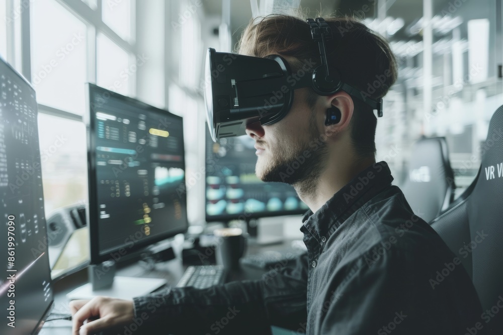 Man working with virtual reality in professional setting, utilizing VR technology for creative projects and innovative solutions Man working with virtual reality in professional setting, utilizing VR technology for creative projects and innovative solutions