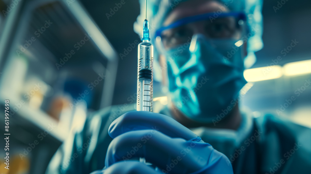 A man in a blue lab coat holding a syringe, professional doctor A man in a blue lab coat holding a syringe, professional doctor