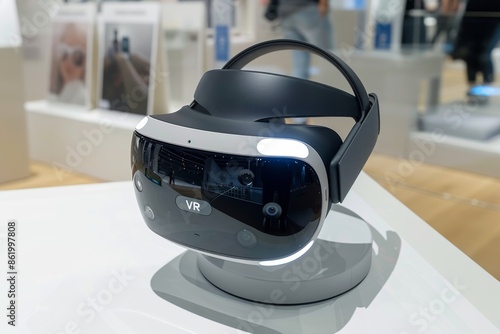 Futuristic VR headset on display in high tech exhibition, highlighting advanced virtual reality technology and modern design