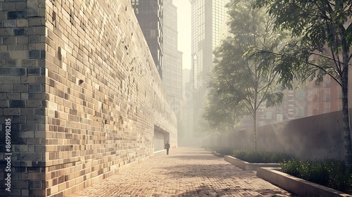 conceptual design of a noise-canceling brick wall, artistically rendered to show its soundproof qualities in a bustling city photo