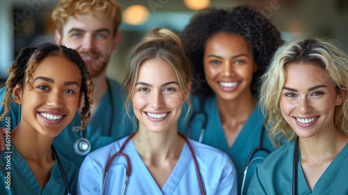 A group of smiling nurses in blue scrubs, team of doctors