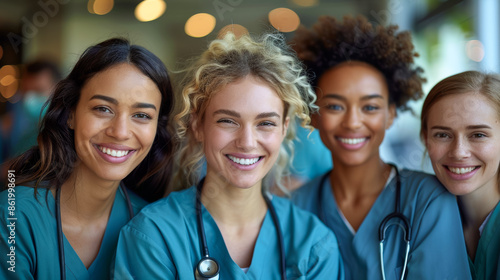 Four women in blue scrubs are smiling for the camera, team of doctors