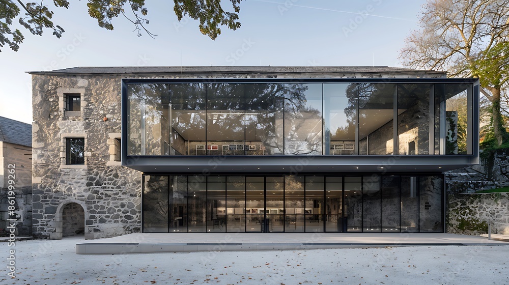 contemporary art gallery with a facade that incorporates both rough-hewn stone and smooth glass, creating a dialogue between texture and transparency contemporary art gallery with a facade that incorporates both rough-hewn stone and smooth glass, creating a dialogue between texture and transparency
