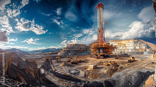 Panoramic View of Mineral Extraction Site with Drilling Rigs