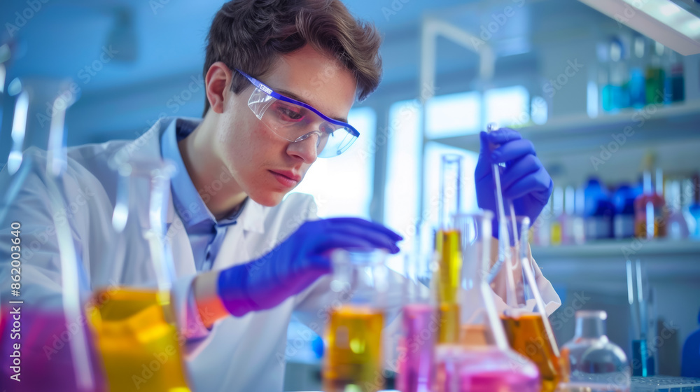 A man in a lab coat is wearing safety goggles, researcher or scientist A man in a lab coat is wearing safety goggles, researcher or scientist