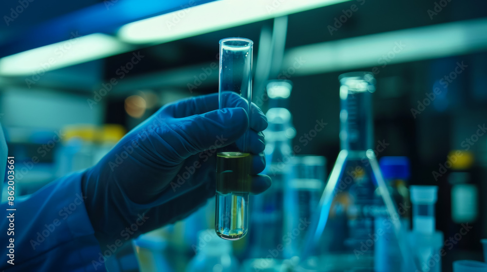 A person is holding a glass tube with a liquid in it, researcher or scientist A person is holding a glass tube with a liquid in it, researcher or scientist