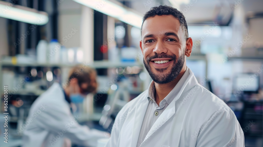 A man in a white lab coat is smiling and posing for a picture, researcher or scientist A man in a white lab coat is smiling and posing for a picture, researcher or scientist
