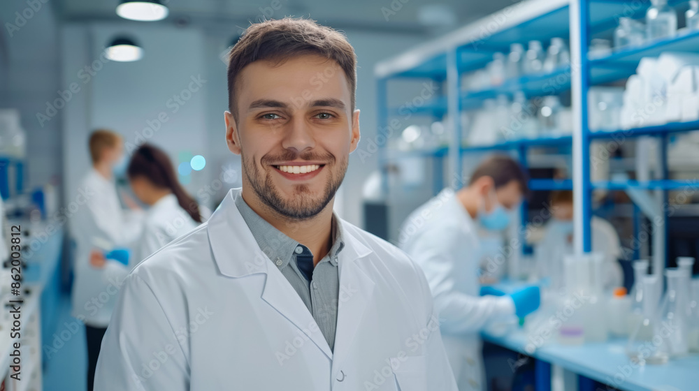 A man in a white lab coat is smiling and posing for a photo, researcher or scientist A man in a white lab coat is smiling and posing for a photo, researcher or scientist