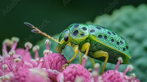 Emerald Green Beetle on a Pink Flower photo