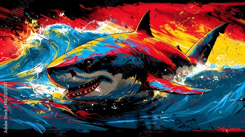 Swift swimming shark vector graphic, with a sleek blue-gray solid fill and dynamic water wave patterns in oceanic teal, comic book inspired style, energetic and fearsome, ideal for marine biology