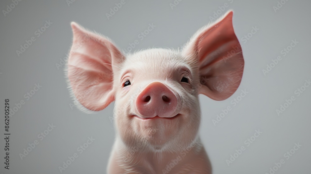 Smiling piglet portrait on white background, cute animal photography with soft lighting. Happiness and innocence concept Smiling piglet portrait on white background, cute animal photography with soft lighting. Happiness and innocence concept